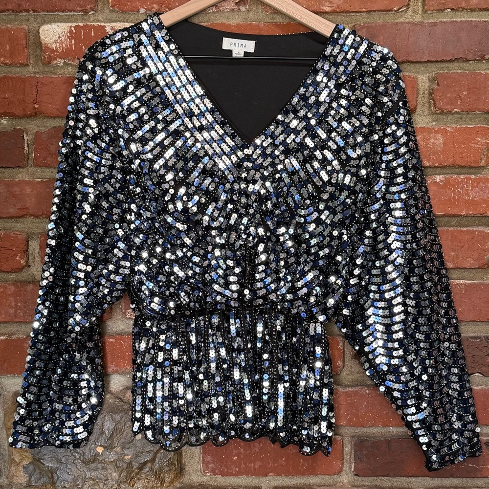 Prima women's Sequin V-Neck Black, Blue and Silver Peplum Top ny chic 3/4 SLEEVE